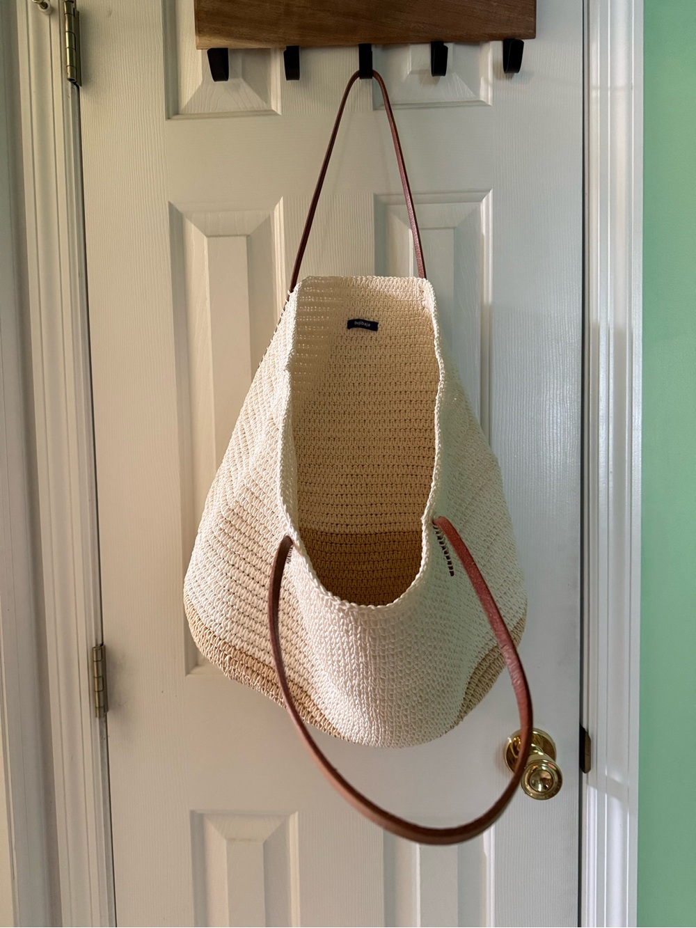 Anthropologie Cream and Tan Straw Tote with Brown Handles - Picture 2 of 4